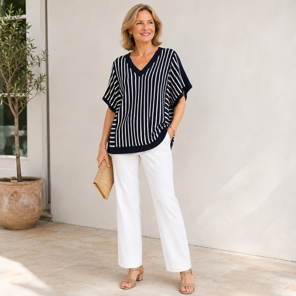 Talbots L Navy Ivory Striped Dolman Sleeve Knit Sweater V Neck Coastal Top